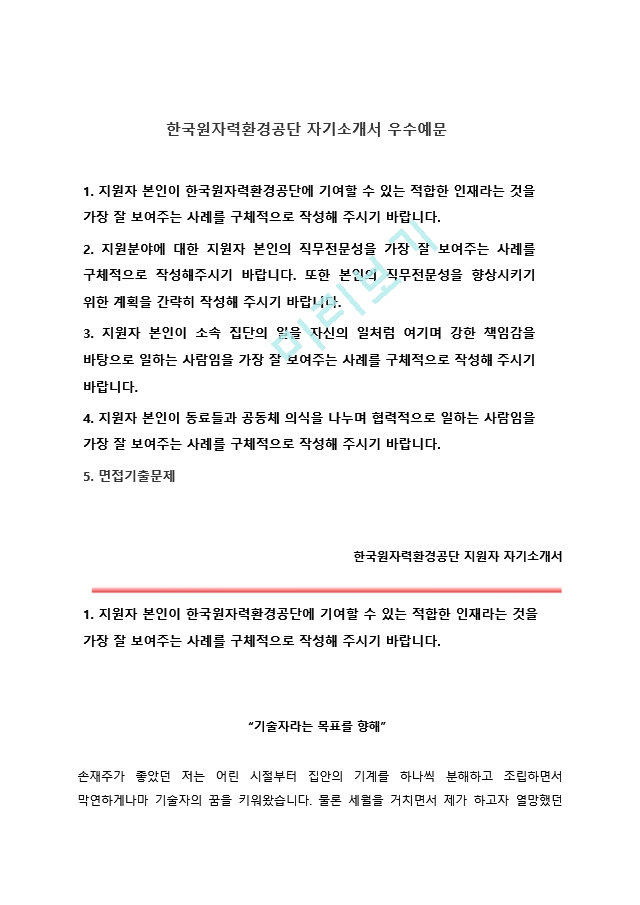 한국원자력환경공단 인턴(기술직) 자기소개서 합격예문 + 면접기출문제 [한국원자력환경공단자소서첨삭항목]기술연구자기소개